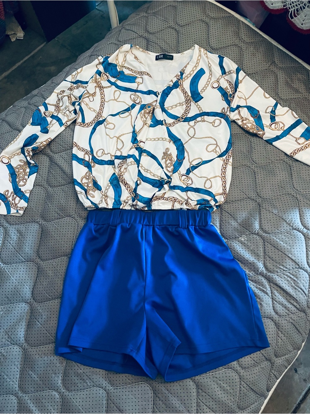 CBR White Chain Print Blouse with Blue High-Waist Shorts